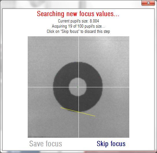 3.8.3.2 Buscando nuevo valor de foco En el segundo paso, el software calcula, a partir de 100 imágenes del patrón, un parámetro interno en función de la lectura del patrón. Figura 59.