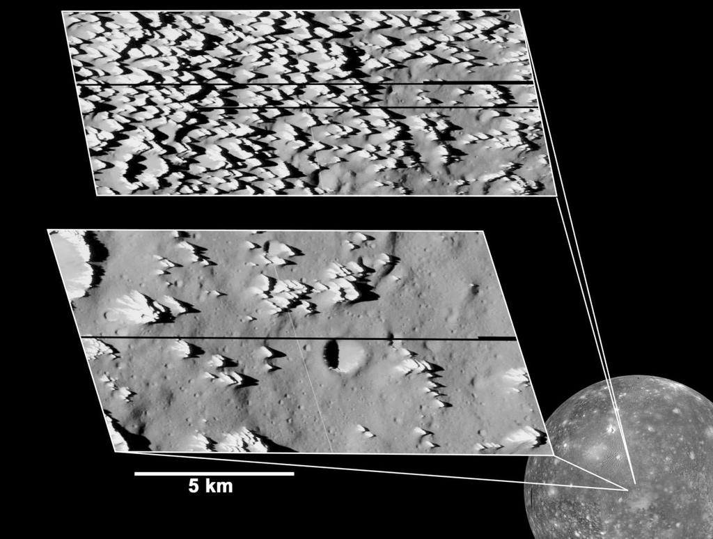 Esta especie de terreno escabroso en Callisto no se encuentra en ninguno de los otros satélites.