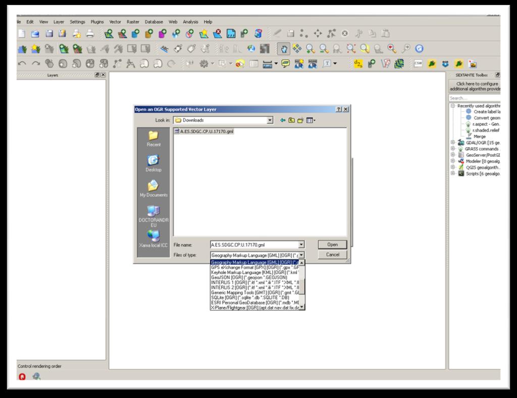 3 Visualización GML con QGis Una vez descomprimidos los ZIP y guardados los archivos en el disco duro.
