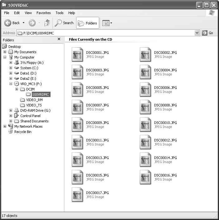 Ubicaciones de almacenamiento de las fotografías (archivos JPEG) En un DVD se crean algunas carpetas, y todas las fotografías (archivos