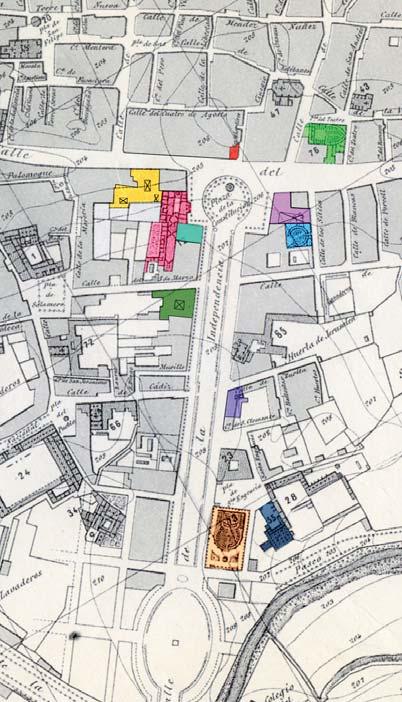 Figura 19. Edificios dibujados y coloreados sobre el plano de la ciudad de Zaragoza de Dionisio Casañal de 1880. Autora: Isabel Yeste Navarro.