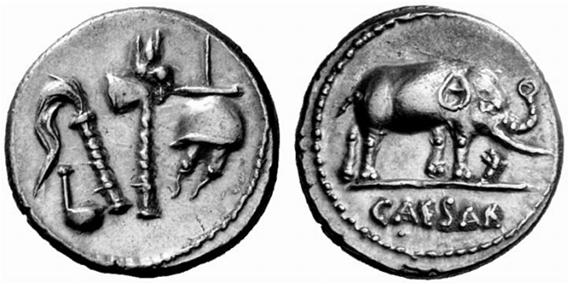 146 LUIS AMELA VALVERDE Figura 1. Denario de César con elefante (RRC 443/1) Anverso: Culullus, aspergillum, securis y apex 3 (los emblemas pontificales). Grafila de puntos.
