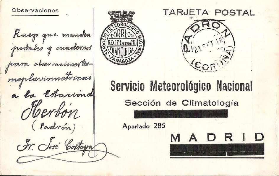 Tarjeta con franquicia de Servicio Meteorológico Nacional-Zaragoza de fecha 21 de