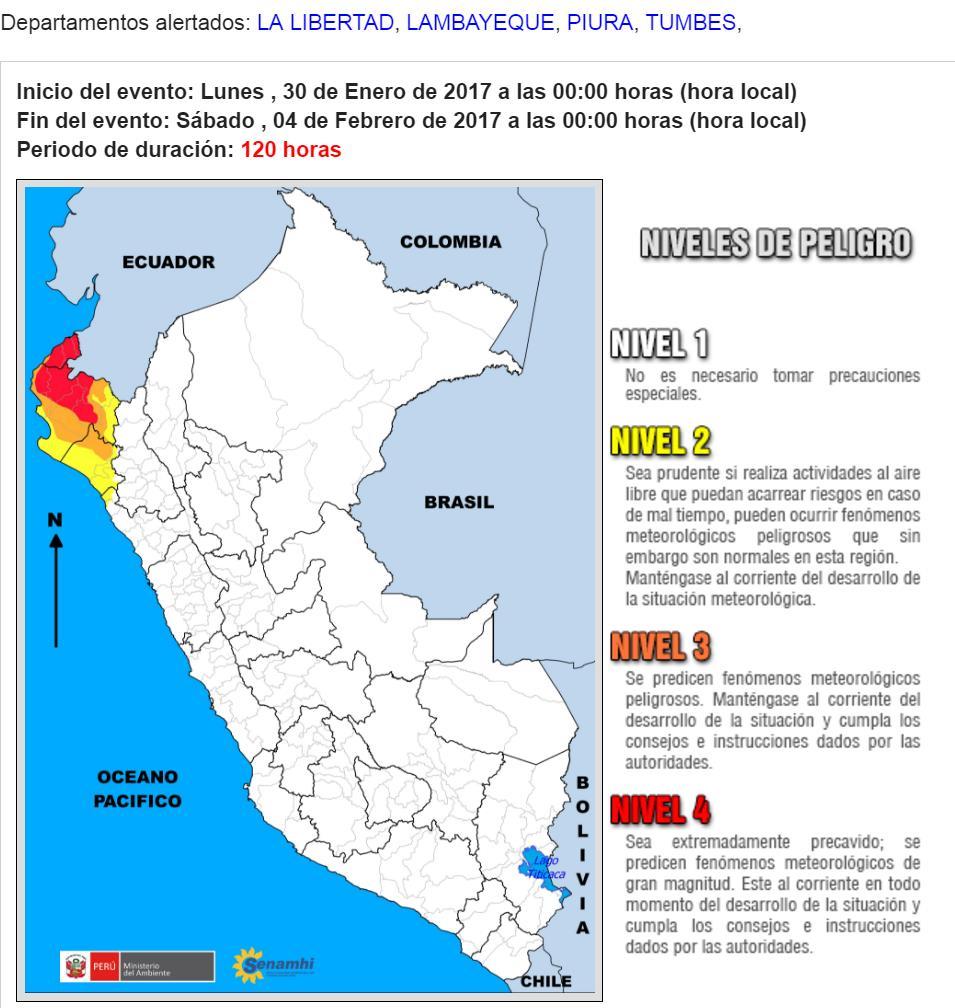 Por otro lado, el aviso meteorológico N 13-2017 del SENAMHI (Mapa N 6) predice fenómenos meteorológicos de gran magnitud para el norte del país, específicamente en las regiones de Tumbes y Piura y