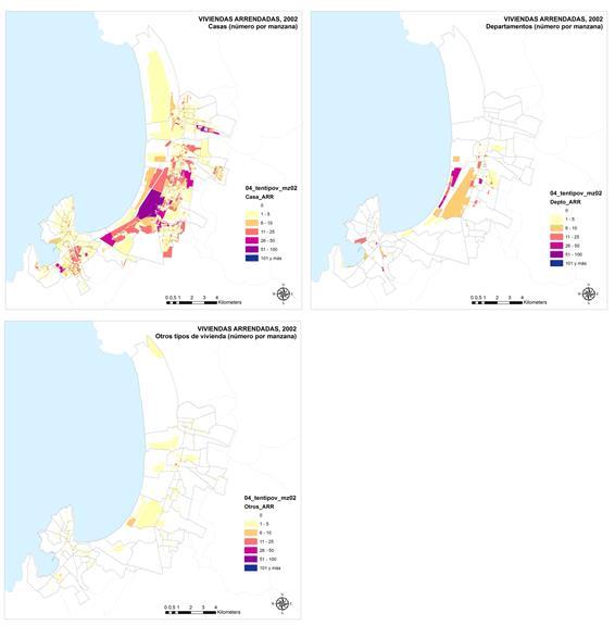 Mapa 4. Distribución territorial de viviendas arrendadas según tipo, censo 2002.