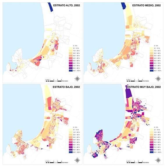 Mapa 7. Distribución territorial de los hogares según estrato socioeconómico, censo 2002.