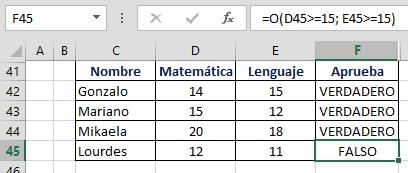En la fórmula, la función O valida si cada calificación es mayor o igual a 15, si alguno es VERDADERO