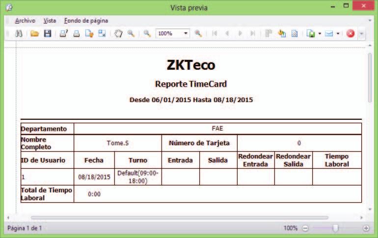 Reporte TimeCard Clic en el ícono TimeCard para revisar el Reporte TimeCard para el empleado seleccionado en el Paso 2.