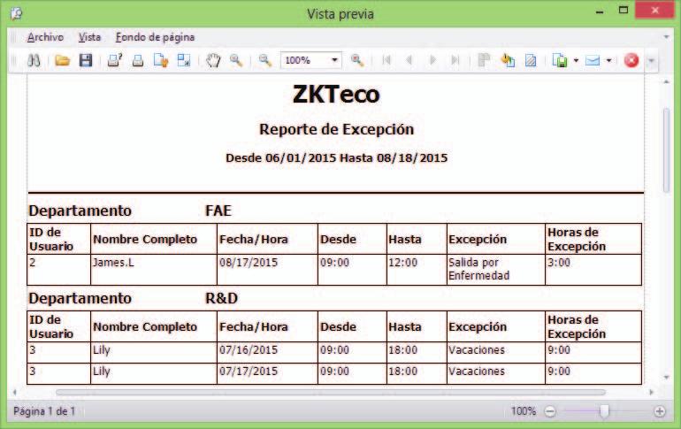 Reporte de Excepción Clic en el ícono Excepción para revisar el Reporte de Excepción para el empleado seleccionado en el Paso 2. Tips: Para la configuración de Excepciones, Consulte 6.
