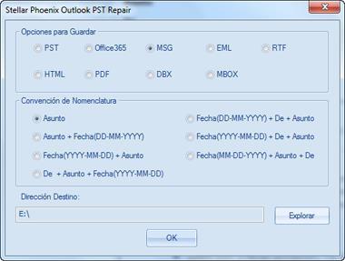 Guardar Archivos usando la Convención de Nomenclatura Stellar Phoenix Outlook PST Repair - Technician le permite guardar los archivos reparados en formatos MSG, EML, RTF, HTML y PDF.