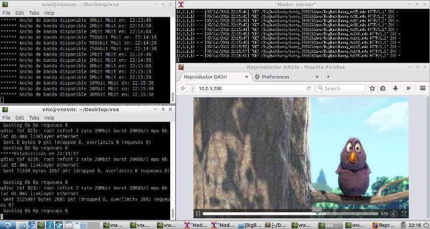 sudo tc -p -s -d qdisc show dev <interface> Desde Ubuntu abrimos otros dos terminales o consolas para la ejecución de cada uno de los scripts, en la primera ejecutamos el script bw_1h.