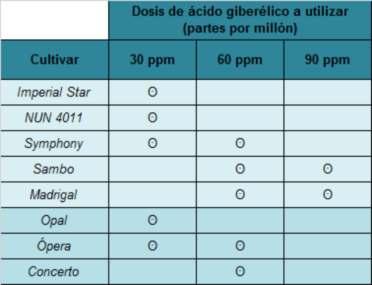 Se expone a continuación una tabla resumen (Tabla 1) de las concentraciones de ácido giberélico que se recomienda utilizar con cada uno de los cvs, fruto de los trabajos realizados en el Centro de