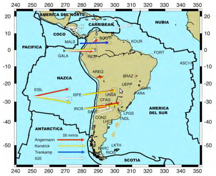 Para estimar el movimiento de la placa de América del Sur, podemos utilizar los sitios de la red de seguimiento mundial IGS (http://igscb.jpl.nasa.gov). La figura No.