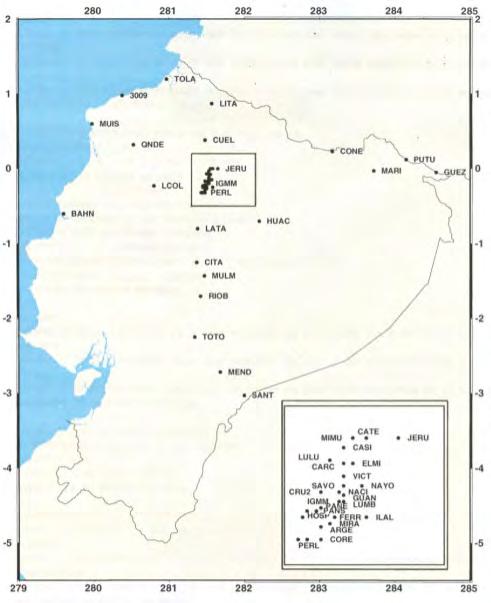 Figura No.2: Localización de los sitios ocupados durante la campaña GPS desarrollada en 1994. Fuente: Report 73. IGM - DGFI - SIRGAS Figura No.