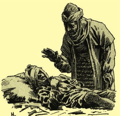 Pasados 15 días en que Lázaro pudo mantenerse en pie y ya bastante repuesto del golpe, pero no del hambre, el clérigo tomó al muchacho de la mano y lo llevó a la puerta.