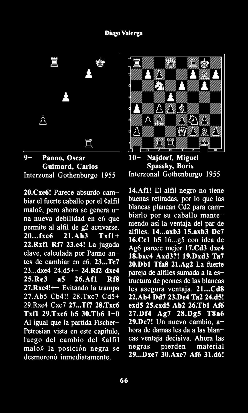 La jugada clave, calculada por Panno antes de cambiar en e6. 23... Tc7 23... dxe4 24.d5+- 24.Rf2 dxe4 2S.Re3 as 26.Afl Rf8 27.Rxe4!+- Evitando la trampa 27.Ab5 Cb4!! 28.Txc7 Cd5+ 29.Rxe4 Cxc7 27.