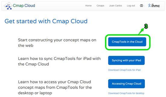 Al acceder al espacio de trabajo de "CmapTools in the Cloud", aparecen dos grupos de opciones, tal como se muestra en la siguiente imagen.