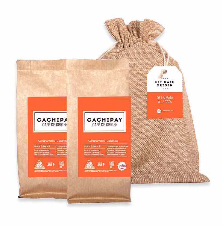 CAFÉ ORIGEN PARA UNA MAMÁ CON MUCHA ENERGÍA Kit en bolsa de costal que contiene 2 o 3 bolsas de café proveniente de cultivos sostenibles de Cundinamarca.