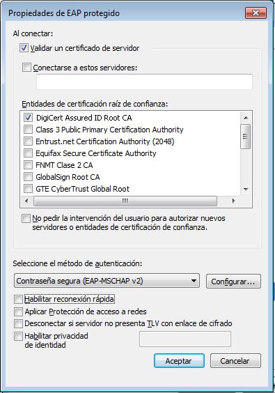 6. Pulsa en el botón Configuración. Comprueba que está marcada la casilla Validar un certificado de servidor. En Entidades de certificación raíz de confianza marque DigiCert Assured ID Root CA.