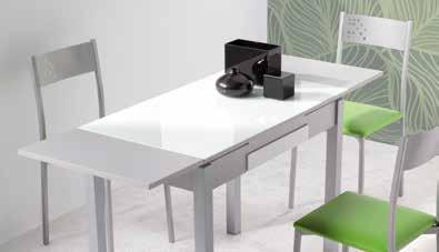 Extension table with two side boards in MDF laminated in silver grey. Main top in white glass. Frame in MDF. Metal legs. With drawer.
