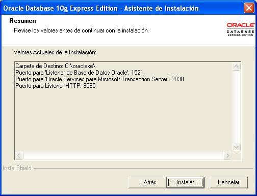 Ilustración 36 Oracle Database 10g Express Edition Asistente de Instalación 4/6 A continuación en la Ilustración 37 aparece una ventana