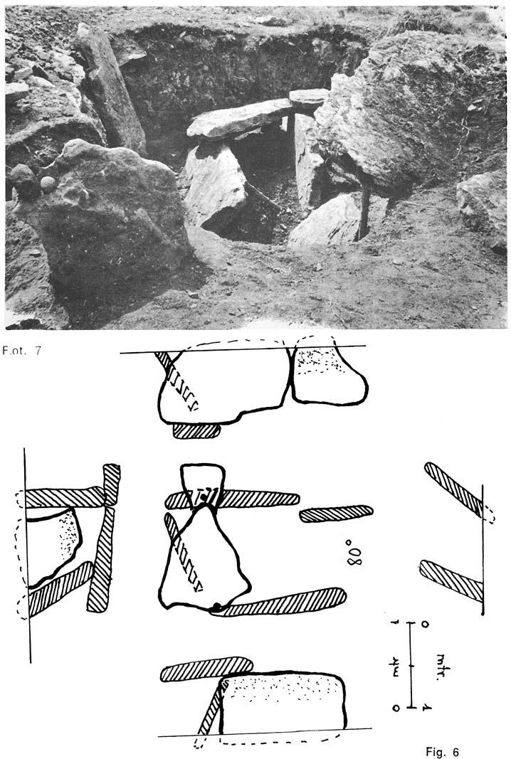 das en posición horizontal grandes lajas de arenisca formando una especie de anillo en derredor del dolmen o cista que ocupa el centro aproximadamente.
