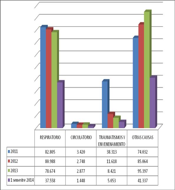 Grafico Nº65: Distribución de principales causas de consulta en SAPU y SUC comuna de La Pintana, periodo 2011 a junio de 2014 FUENTE: DEIS MINSAL 2014 Debido a que el tema respiratorio es una causa