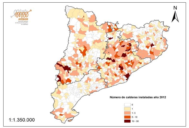 Distribució territorial de les calderes i estufes de biomassa instal lades a Catalunya (font: ONCB- AVEBIOM).