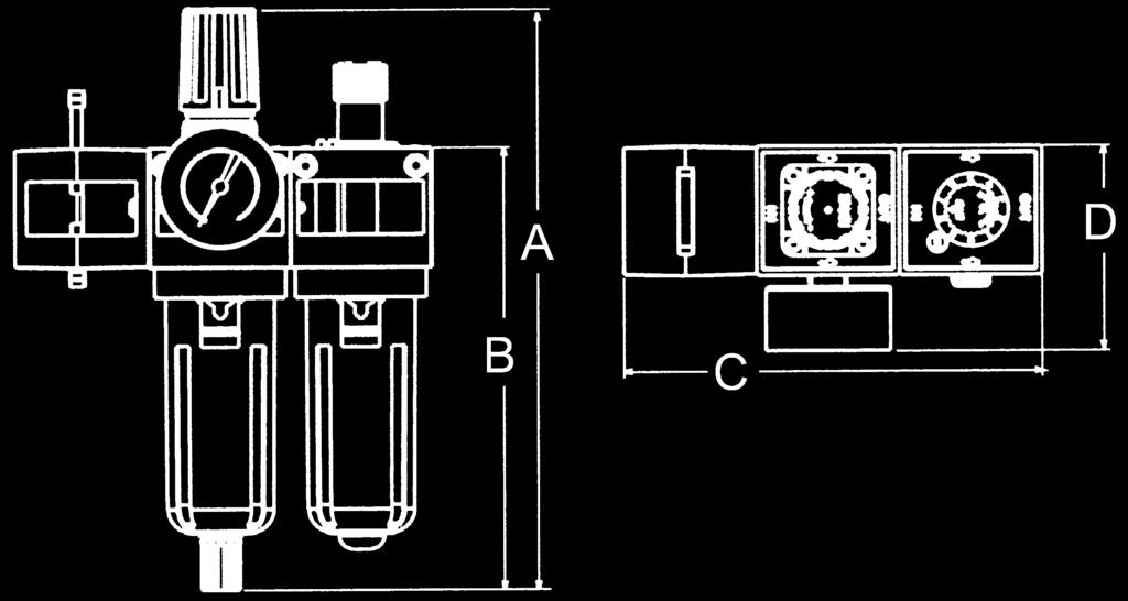 STOCKBLOK Combinaciones standards Dimensiones y Referencias Válvula de corte- Filtro con partículas/regulador con manómetro - Lubricador Combinaciones y Dimensiones [mm] Referencias = Válvula de