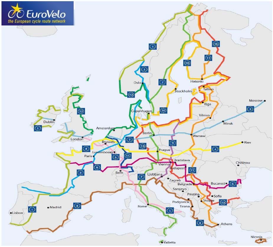 Projectes de la xarxa cicloturística de Catalunya L EuroVelo EuroVelo és el nom de la xarxa europea de rutes ciclistes, que actualment compta amb més de 45.