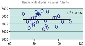 Figura 2 - Relación entre el rendimiento en grano y el número de vainas por planta y rendimiento en grano y el peso de 100 granos.