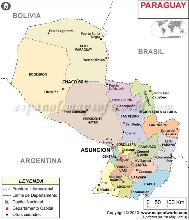 Dividido por el río Paraguay en dos regiones bien diferenciadas, la Región Occidental o Chaco, que cuenta con tres departamentos