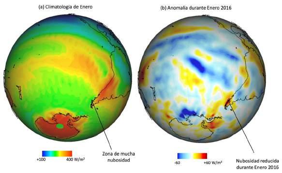 Figura 9. Condición promedio de radiación solar en superficie (Downward Solar Radiation Flux) para el Pacífico Sur en el mes de enero (izquierda) y anomalía de radiación solar en enero 2016 (derecha).