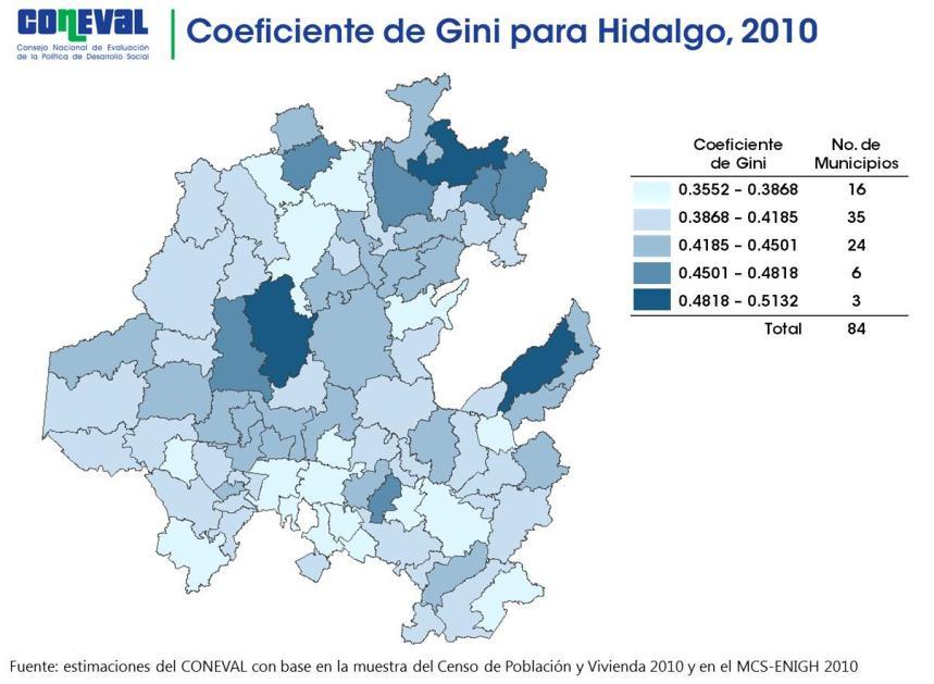 A nivel municipal para 2010 las estimaciones del Coeficiente de Gini arrojan los siguientes resultados: Los municipios con más desigualdad en la distribución del ingreso son: San Bartolo Tutotepec,