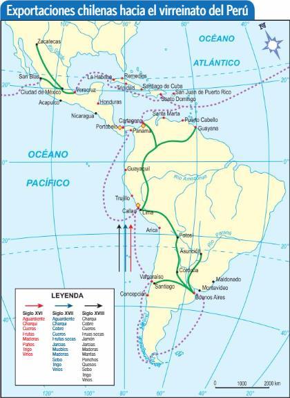 Observa el siguiente mapa y contesta las preguntas 7 y 8. 7. El mapa anterior muestra las rutas comerciales y los productos que Chile exportó durante el periodo colonial.
