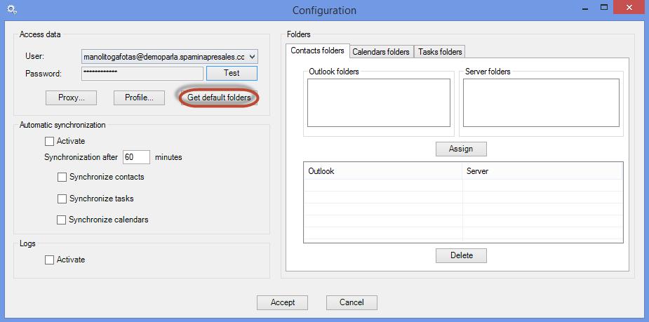 Si la validació de la contrasenya ha estat correcta, es podrà procedir amb el següent pas de configuració, consistent en indicar les carpetes (calendaris, contactes i tasques) que