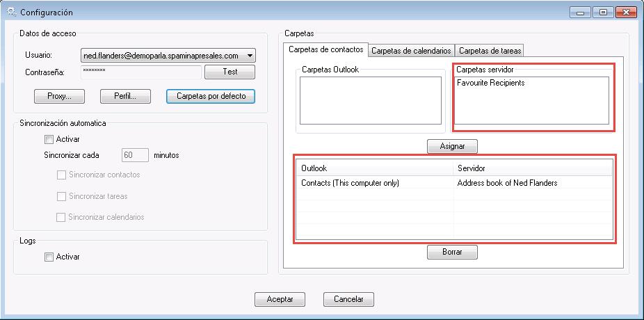 En realitzar aquesta selecció per defecte, a la banda dreta de la configuració es veuran les llistes de carpetes associades al sistema per sincronitzar amb el client Outlook.