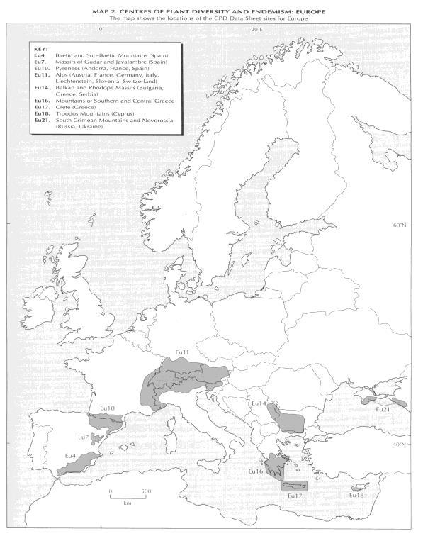 Centros de diversidad vegetal del mundo, según la UICN (1994) Lámina de Flora iberica En Europa destaca el Pirineo, con 3500 especies