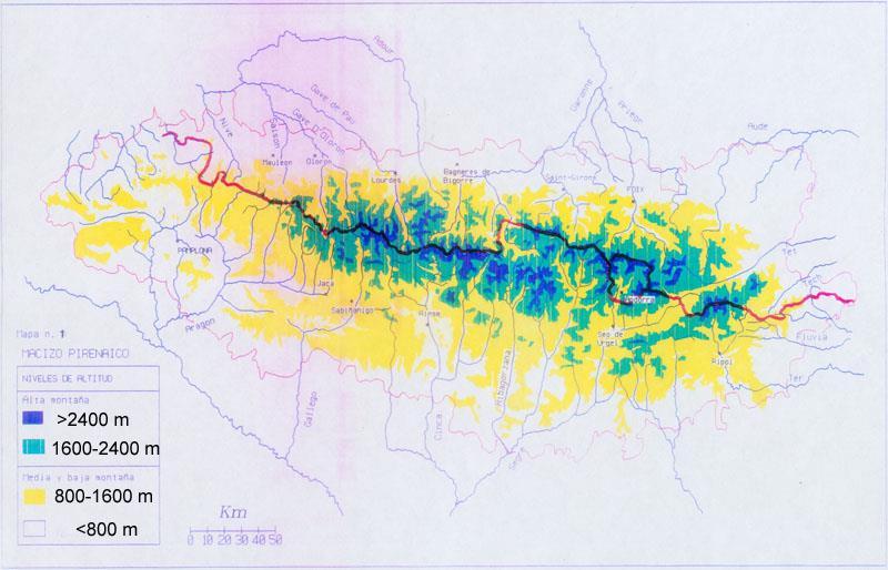 Pirineo: Pisos montano (amarillo), subalpino (verde) y alpino (azul) El último, + discontinuo, ocupa 1760 km 2 (c.