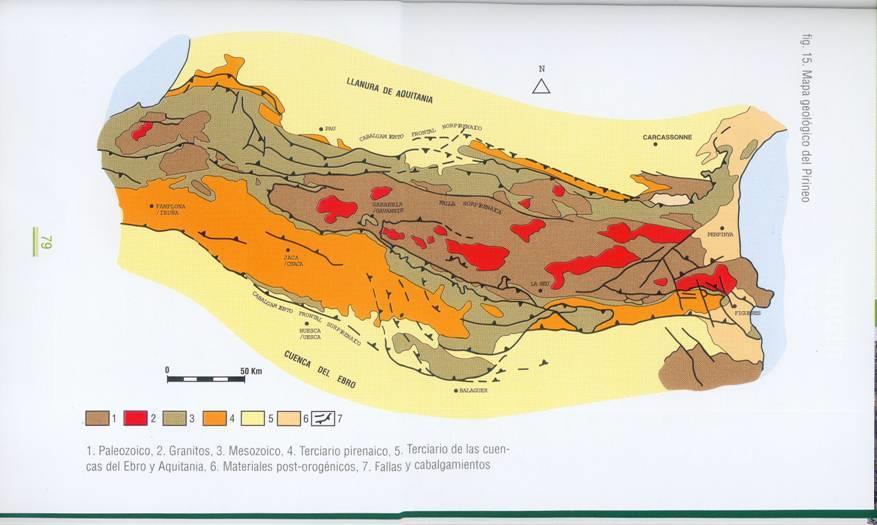 El Pirineo: una arruga de 400 Km entre Aquitania y el Ebro y entre el Oceáno y el Mediterráneo Zócalo paleozoico (1), granitos (2),