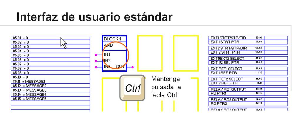 Los bloques de entrada se encuentran a la izquierda de la pantalla, los bloques de función en la parte central y los bloques de salida a la derecha.