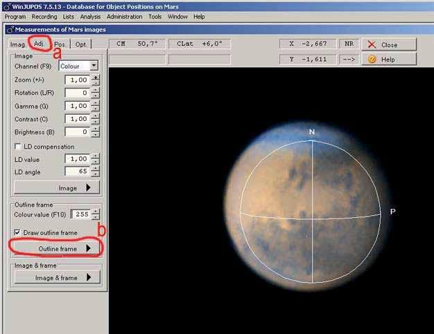 Figura 8. En la imagen de Marte se debe ver el rango de medición. Nuestra tarea consiste en ajustar la posición, el ángulo y el tamaño de la imagen de nuestro planeta, respectivamente.