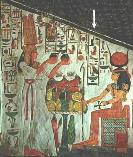 Reina Nefertari presentando dos recipientes a la diosa Isis 1) Trono ( st ) + rebanada de pan semicircular ( t y feminidad) +