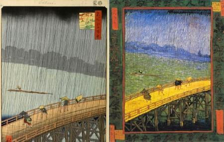 A la izquierda, El puente Ōhashi en Atake bajo una lluvia repentina, por