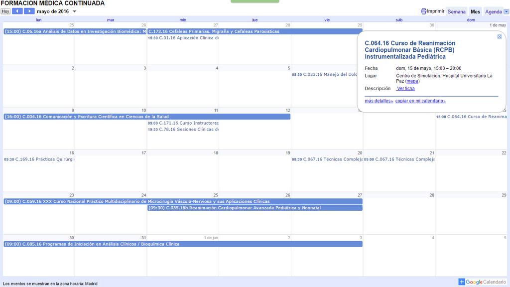 2. A través del Calendario de Formación Médica Continuada podemos ver los cursos programados en cada mes.