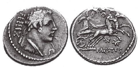 La emisión RRC 426, de Fausto Cornelio Sila RRC 426/1. Anv.: Busto de Diana (8) a derecha, cubierto y diademado, encima creciente; detrás, lituus; antes, leyenda FAVSTVS hacia abajo; línea de puntos.