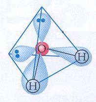 La molécula es como un tetraedro asimétrico con sus dos H en los dos vértices hacia un lado y el O en el