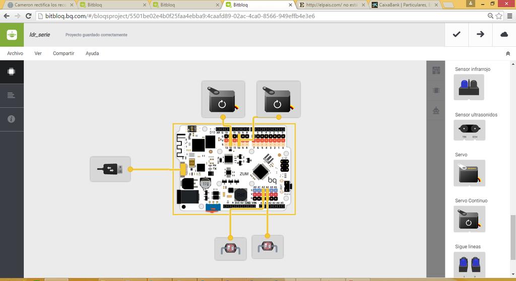 (Derecho) Robot basado en Arduino UNO Procedemos a abrir un proyecto en Bitbloq y añadir los componentes y el conexionado