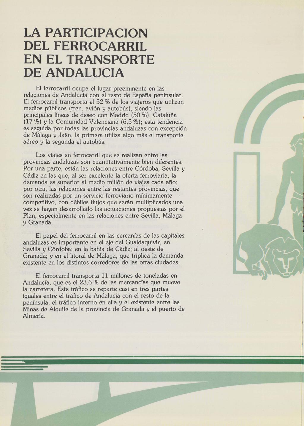 LA PARTICIPACION DEL FERROCARRIL EN EL TRANSPORTE DE ANDALUCIA El ferrocarril ocupa el lugar preeminente en las relaciones de Andalucía con el resto de España peninsular.
