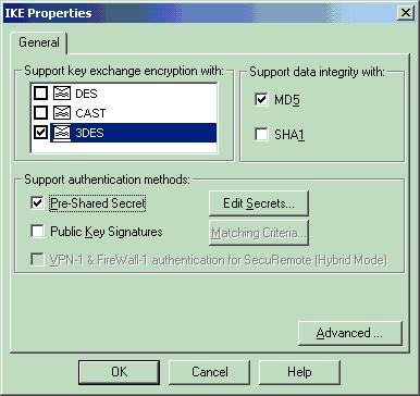 Configure las propiedades IKE como se muestra aquí:seleccione la opción para el cifrado 3DES de modo que las propiedades IKE